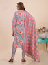 Grey Floral Print Embroidered Kurti Set