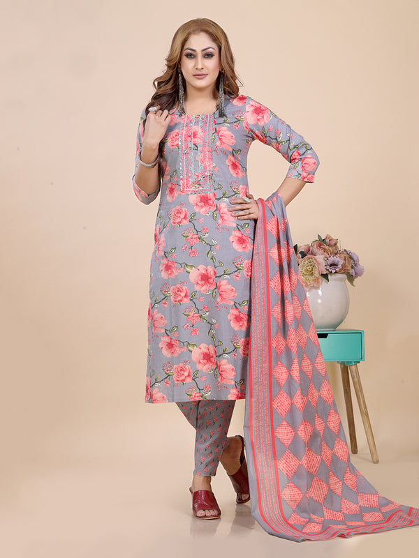 Grey Floral Print Embroidered Kurti Set