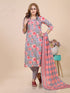 Grey Floral Print Embroidered Kurti Set