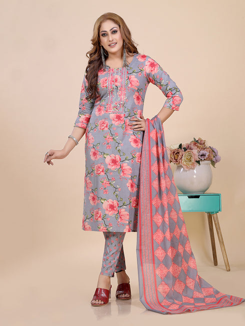 Grey Floral Print Embroidered Kurti Set