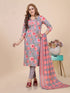 Grey Floral Print Embroidered Kurti Set