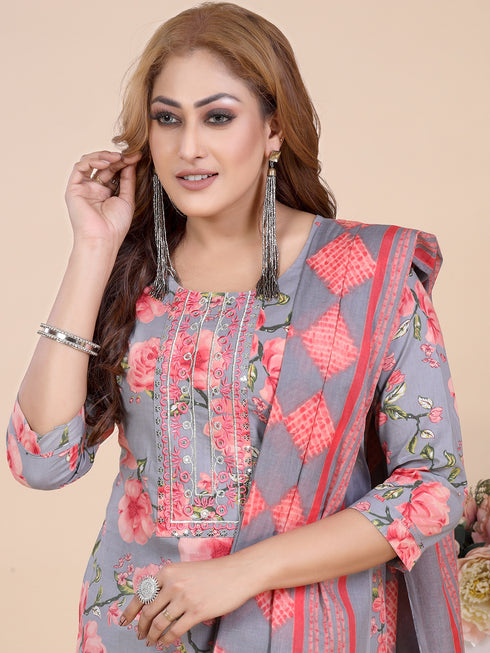 Grey Floral Print Embroidered Kurti Set