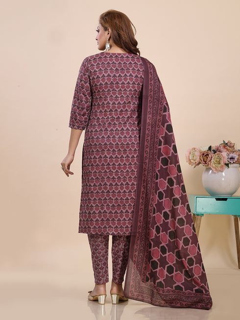 Dusty Wine Block Print Kurti Set