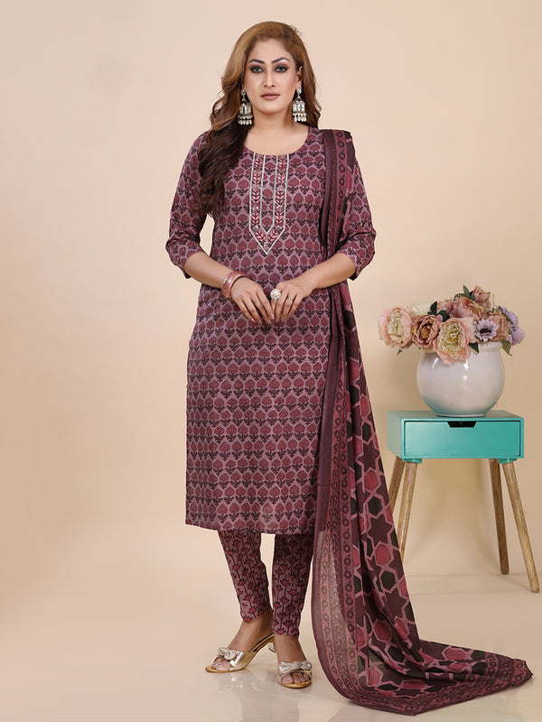 Dusty Wine Block Print Kurti Set