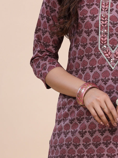 Dusty Wine Block Print Kurti Set