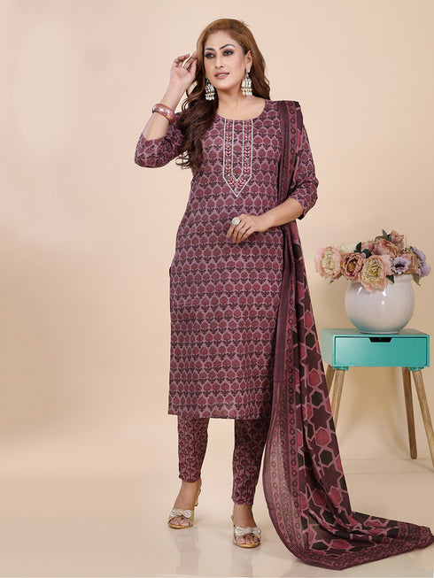Dusty Wine Block Print Kurti Set