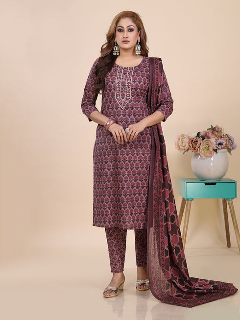 Dusty Wine Block Print Kurti Set