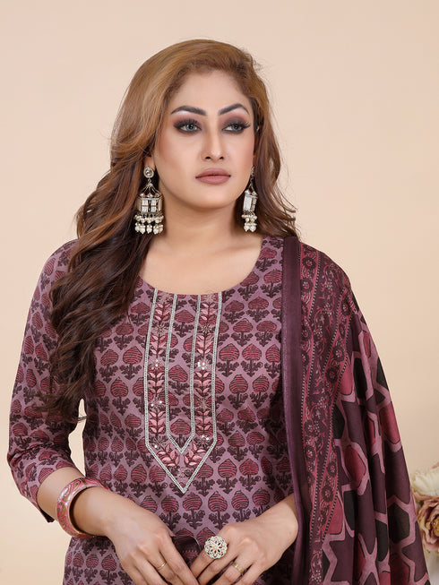 Dusty Wine Block Print Kurti Set