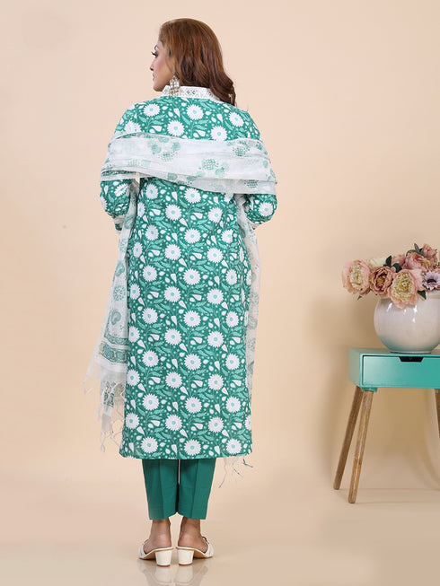Green Bagru Dabu Print Kurti Set With Kota Dupatta