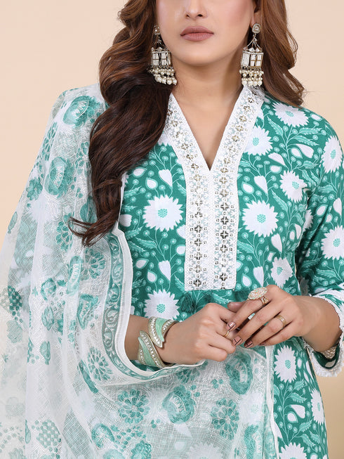Green Bagru Dabu Print Kurti Set With Kota Dupatta