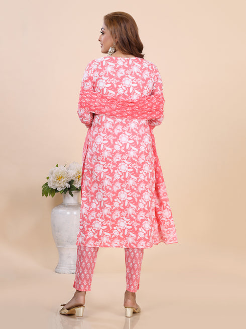 Peach Floral Print Thread Work Kurti Set