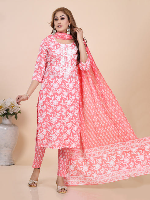 Peach Floral Print Thread Work Kurti Set