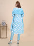 Aqua Blue Floral Print Thread Work Kurti Set