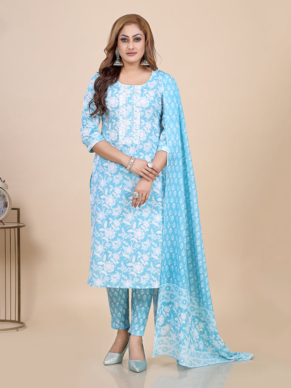 Aqua Blue Floral Print Thread Work Kurti Set