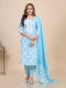 Aqua Blue Floral Print Thread Work Kurti Set