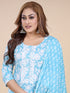 Aqua Blue Floral Print Thread Work Kurti Set