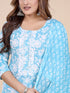 Aqua Blue Floral Print Thread Work Kurti Set