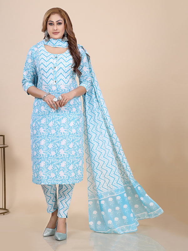Aqua Blue Floral Print Gota Patti Kurti Set