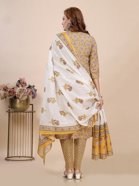 Mustard Block Print Kurti Set