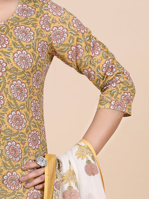 Mustard Block Print Kurti Set