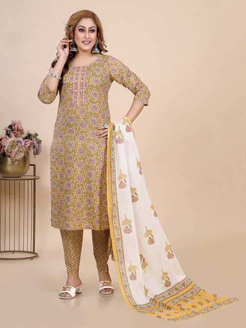 Mustard Block Print Kurti Set