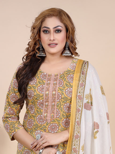 Mustard Block Print Kurti Set