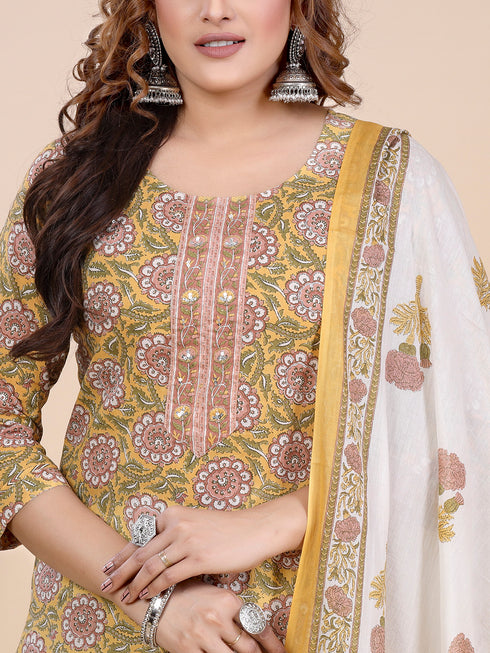 Mustard Block Print Kurti Set
