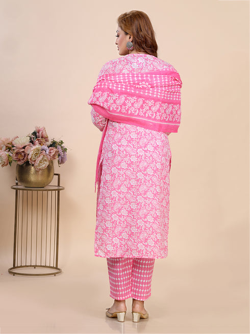 Pink Floral Print Mirror Emblished Kurti Set