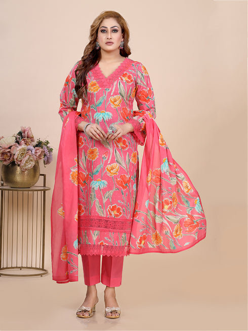 Pink Bold Floral Prints Kurti Set