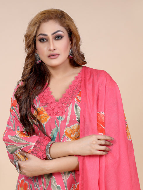 Pink Bold Floral Prints Kurti Set