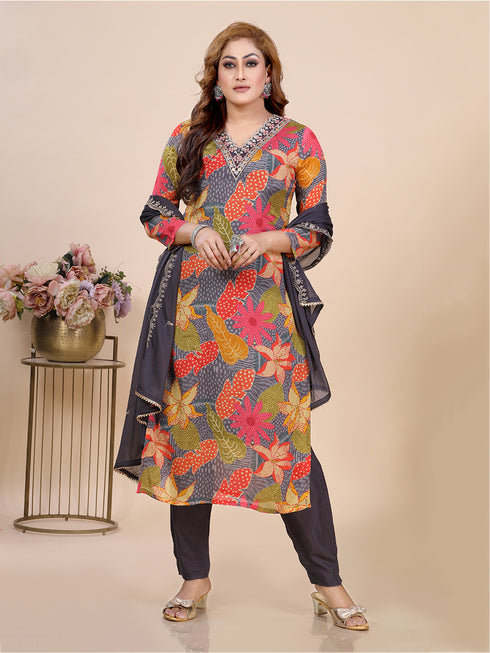 Grey Boho Bohemia Print Kurti Set With Gota Patti Dupatta