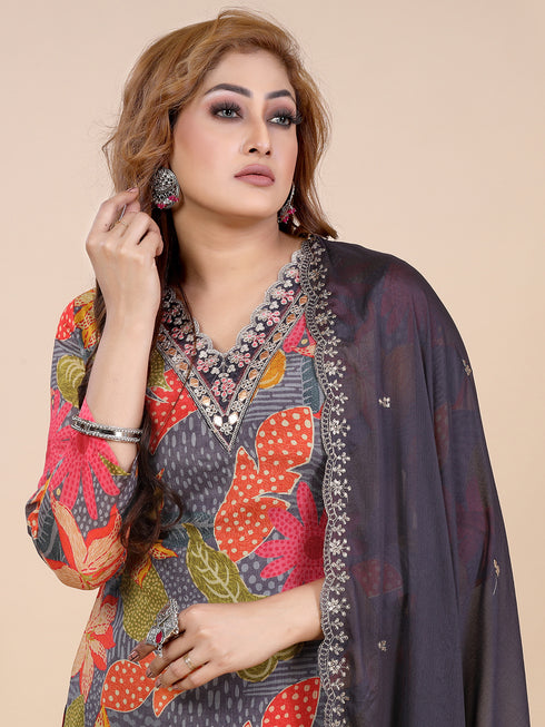 Grey Boho Bohemia Print Kurti Set With Gota Patti Dupatta