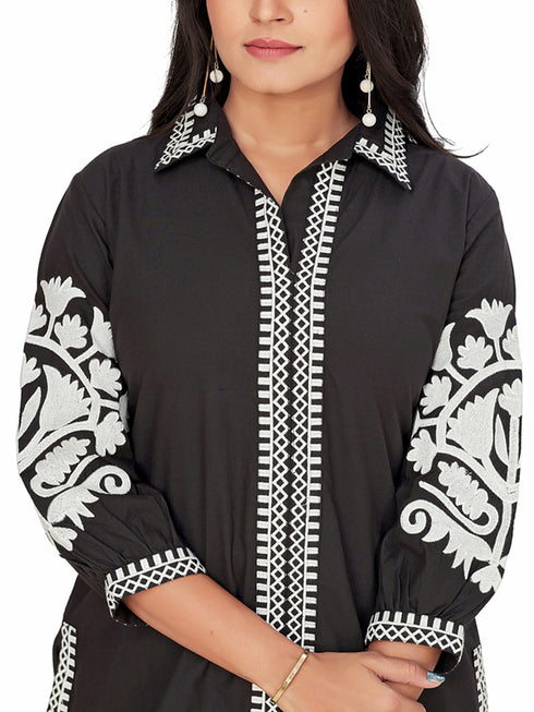 Amchoor Black Cotton Solid Print Co-Ord Set for Women's