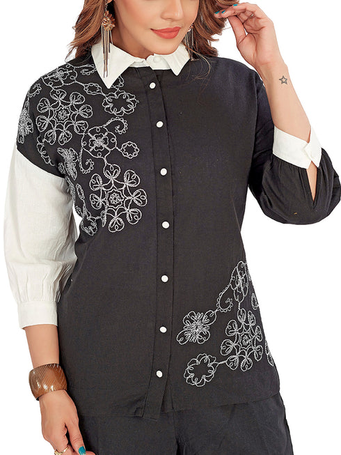 Amchoor Black Cotton Floral Print Co-ord SET for Women's