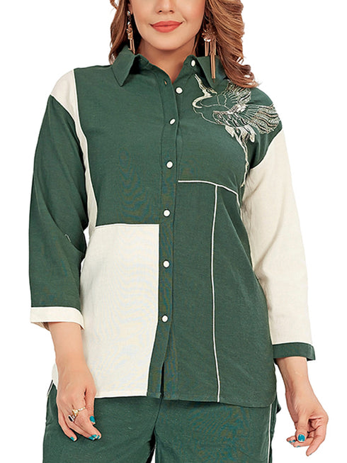 Amchoor Green Cotton Embroidered Co-ord Set for Women's