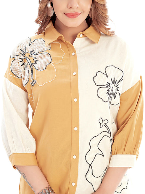 Amchoor Mustard Cotton Embroidered Co-ord Set for Women's