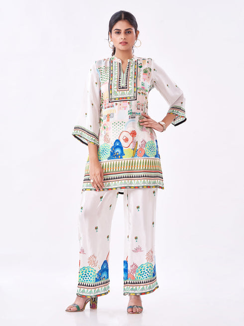Amchoor Cream Crepe Digital Prints Co-ord Set for Womens