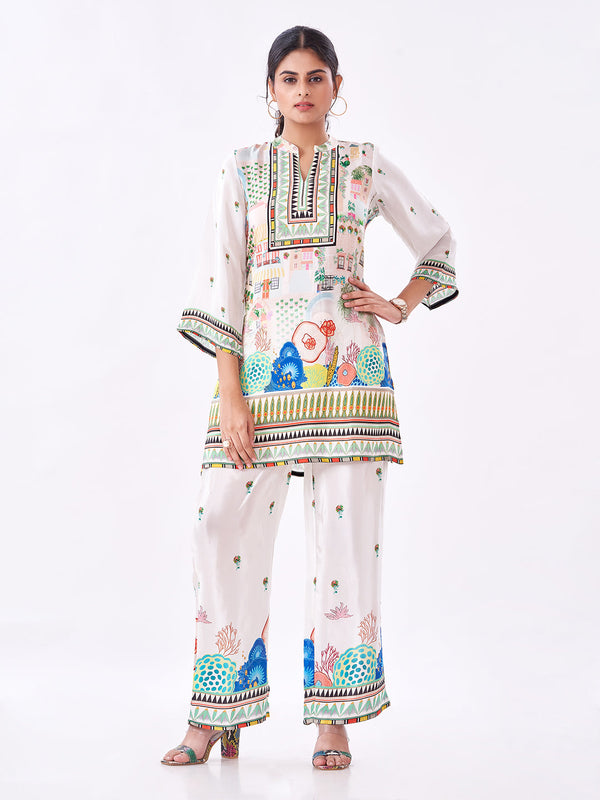 Amchoor Cream Crepe Digital Prints Co-ord Set for Womens