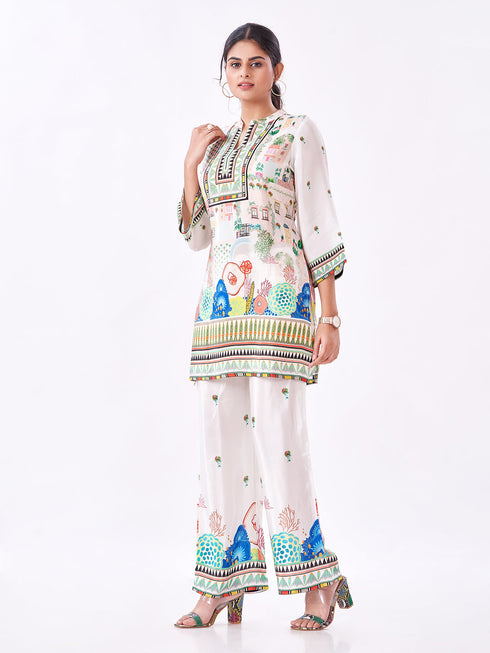 Amchoor Cream Crepe Digital Prints Co-ord Set for Womens