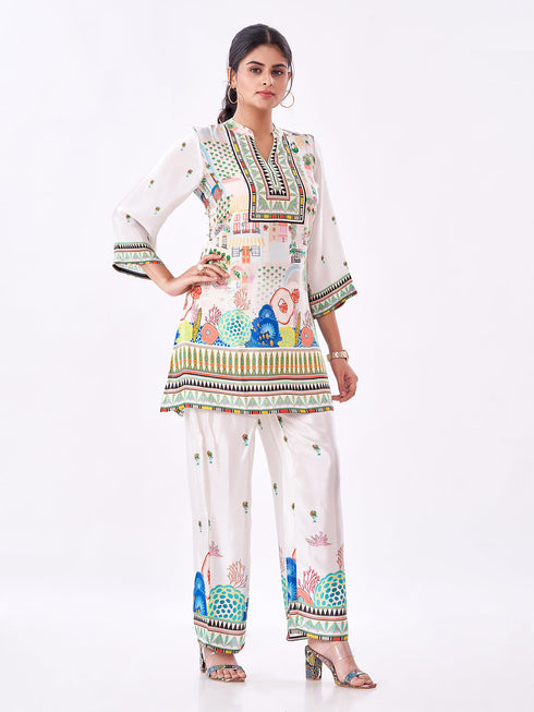 Amchoor Cream Crepe Digital Prints Co-ord Set for Womens