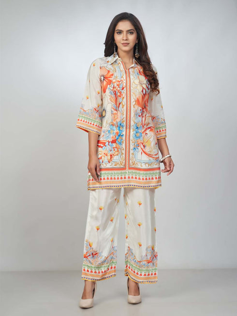 Amchoor Cream Crepe Digital Prints Kurta and Trouser Set for Womens