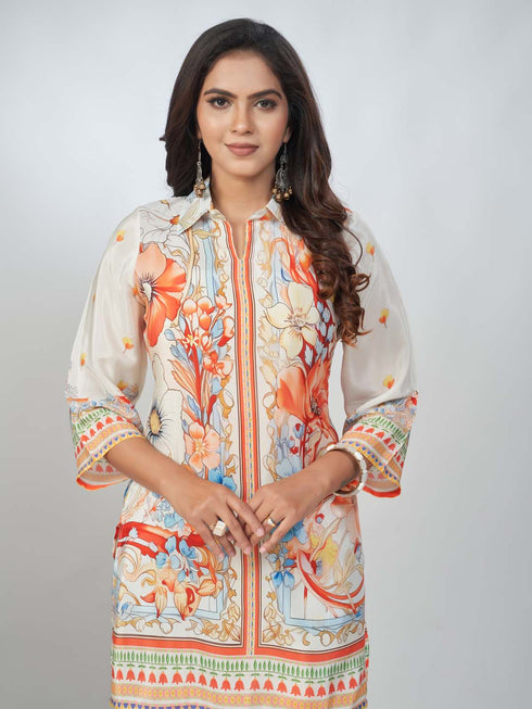 Amchoor Cream Crepe Digital Prints Kurta and Trouser Set for Womens