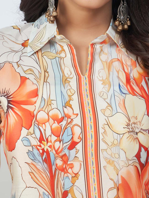Amchoor Cream Crepe Digital Prints Kurta and Trouser Set for Womens