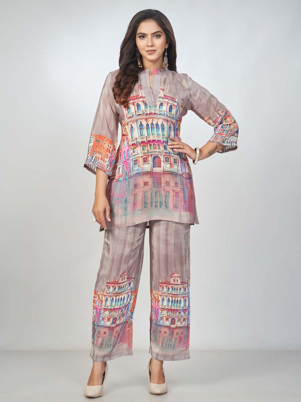 Amchoor Brown Crepe Digital Prints Kurta and Trouser Set for Womens