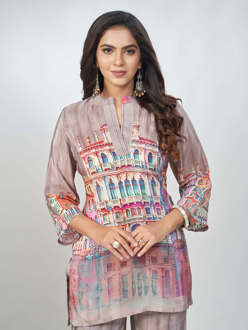 Amchoor Brown Crepe Digital Prints Kurta and Trouser Set for Womens