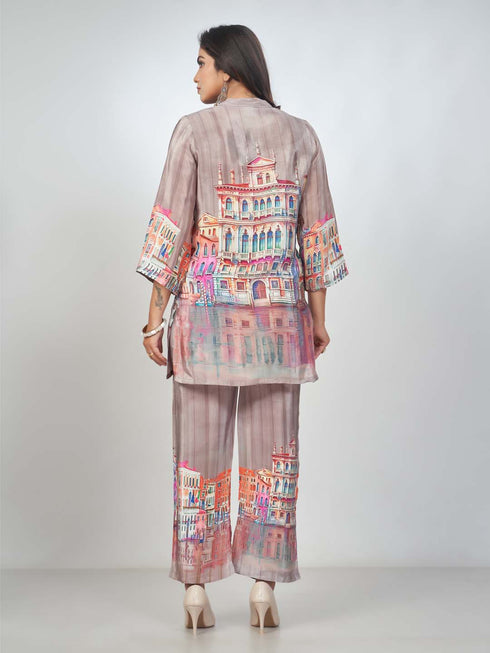 Amchoor Brown Crepe Digital Prints Kurta and Trouser Set for Womens