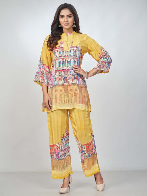 Amchoor Mustard Crepe Digital Prints Kurta and Trouser Set for Womens