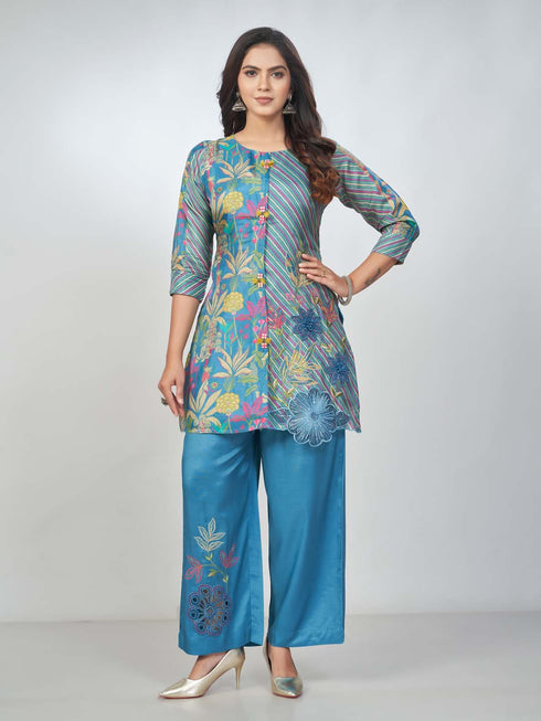 Amchoor Blue Russian Silk Embroidered Co-Ord Sets for Womens