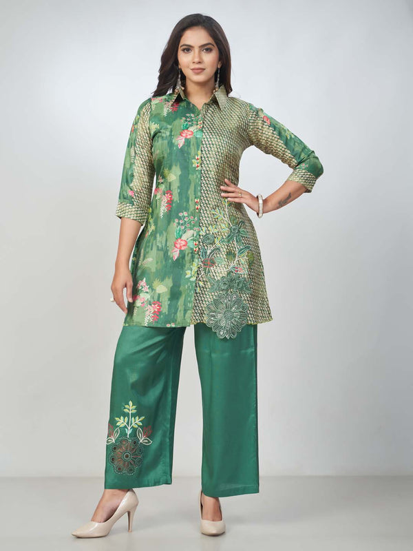 Amchoor Green Russian Silk Embroidered Kurta and Trouser Set for Womens