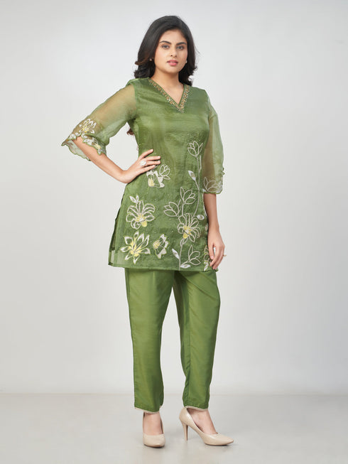 Amchoor Green Polyester Solid Co-ord Set for Womens
